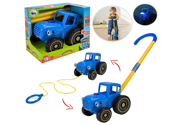 Каталка W6802-1A (60шт) на палці/на шнурі, трактор 14см, музика (УКР), світло, на бат(табл), в кор-ц