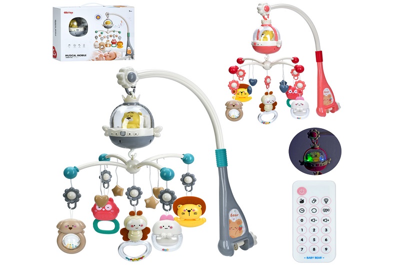 Карусель на кроватку 6048 (9шт) мобіль для ліжка, д/к(ІЧ)-пульт, підвіски 5шт (тварини, брязкальце),