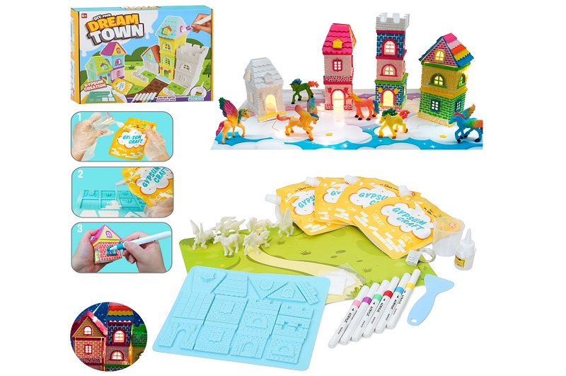 Набір для творчості I002 (12шт) Місто мрій, побудуй будинок, світло, конячки 6шт, гипс, формочки, ма