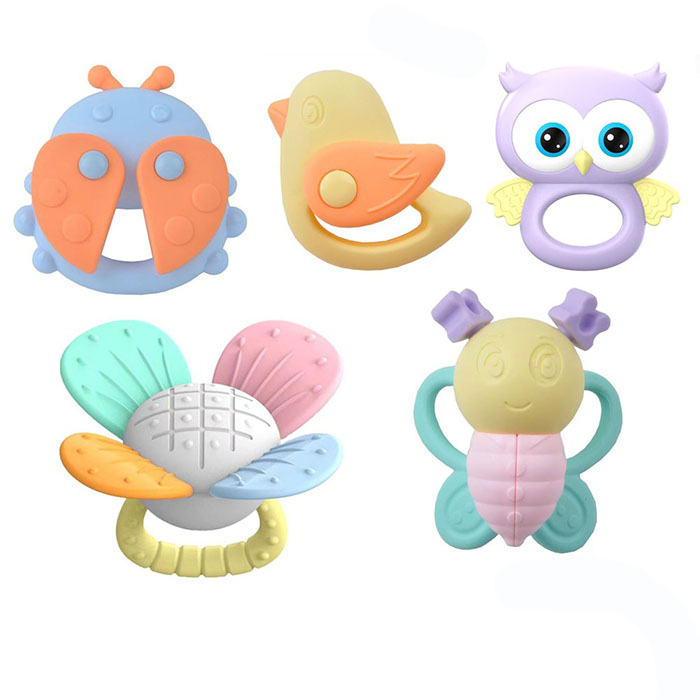 Брязкальце 2288-10 (72шт) набір 5шт (пташки, комахи, квітка), від 8см, прорізувач, у пакеті, 20,5-22