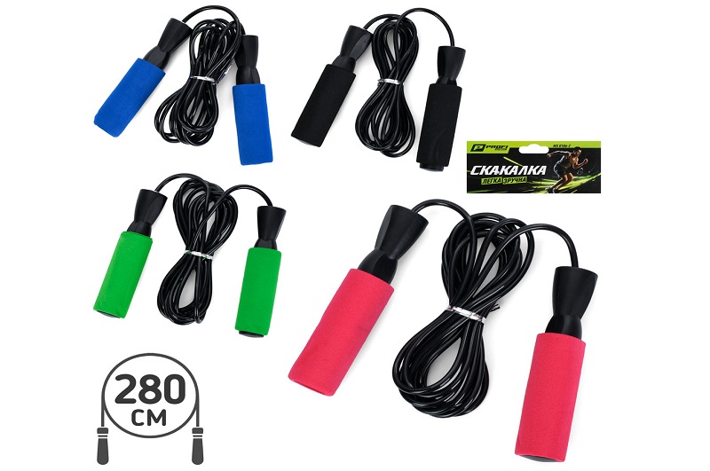 Скакалка MS 0186-2 (100шт) 306см (мотузка 280см, 2 ручки 26см), мотузка гума, ручки-EVA, підшипник,