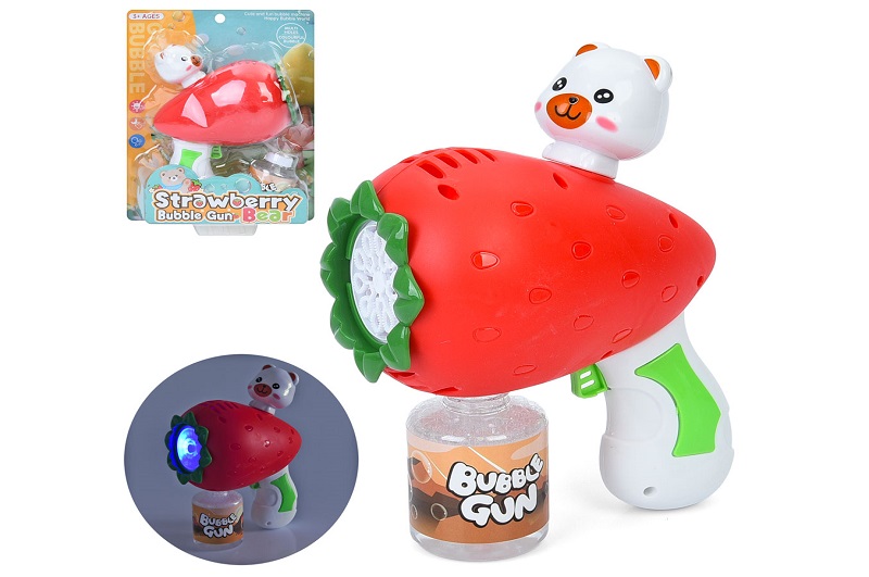 Мильні бульбашки A9055 (24шт) пістолет-полуниця, 15см, світло, запаска6,5см, на бат-ці, у слюді, 20-