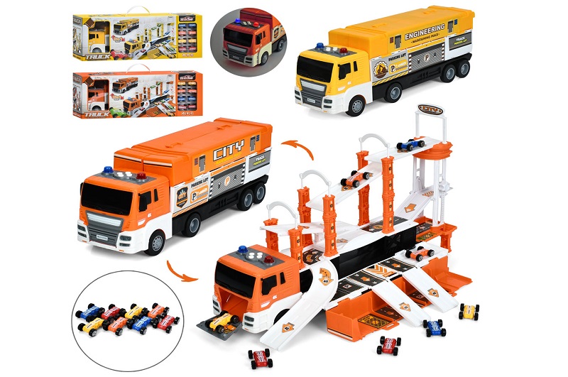 Гараж 660-S19-20 (8шт) трейлер 42см-інерц, гараж/трек 50-38-в31см, звук, світло, машинки 8шт 4,5см,