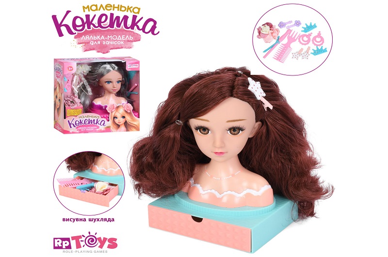 Лялька голова для зачісок LK1715E-D (18шт) 20см, підставка з шухлядкою, прикраси (заколки, сережки),