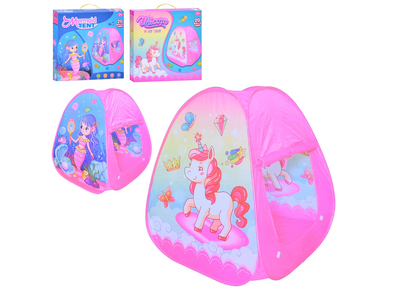 Намет MR 1266 (12шт) 70-70-в85см, 20 кульок, 1вхід-накидка, 2 види(єдиноріг, русалка), у кор-ці 36-3