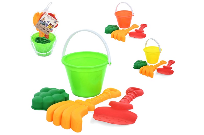 Набір для пісочниці 8295M (96шт) відро 9см, лопатка, граблі, 1 формочка, мікс видів, в сітці, 27-11-