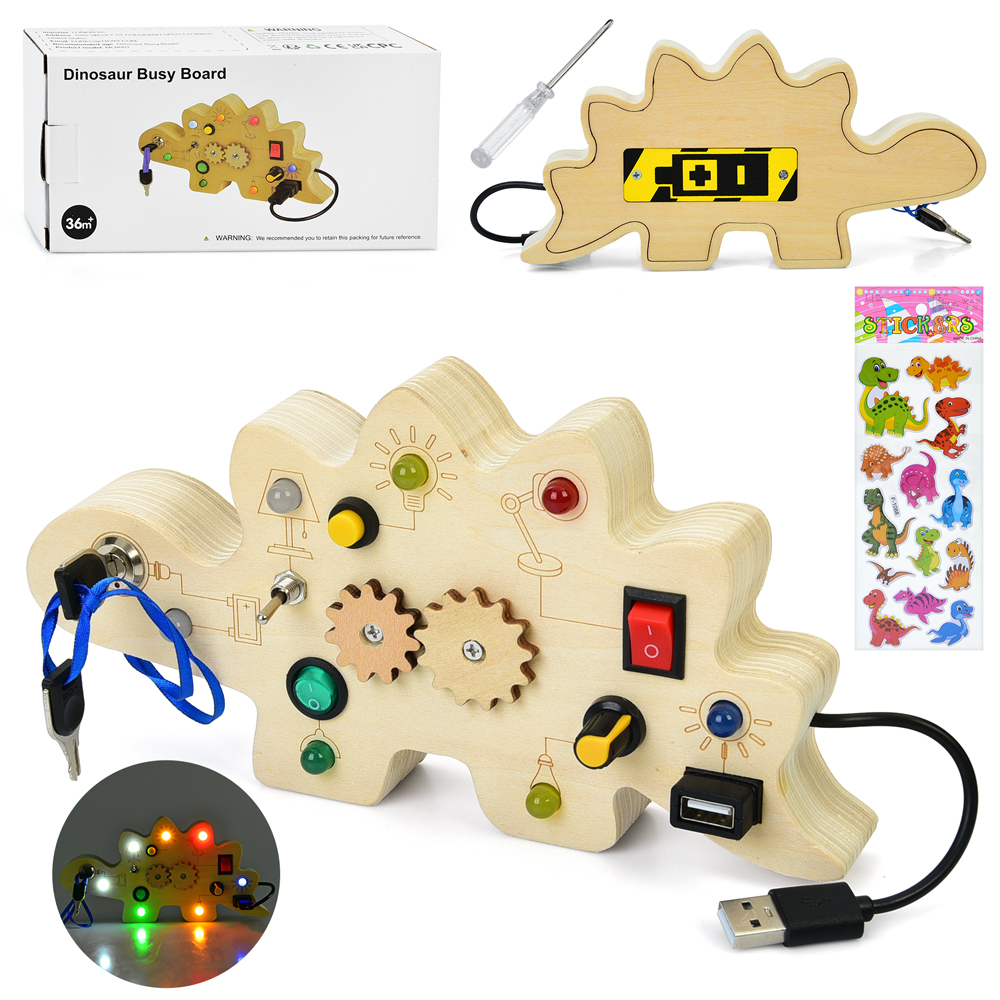 Дерев'яна іграшка Бізіборд MD 0876 (16шт) динозавр, 22-11-5см, логічна гра, кнопки, шестерні, замок+