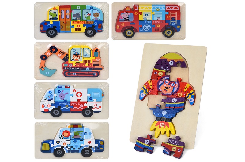 Дерев'яна іграшка Пазли MD 0768 (50шт) 10дет, транспорт, назви англ., 6 видів, у пакеті, 22-13-1см