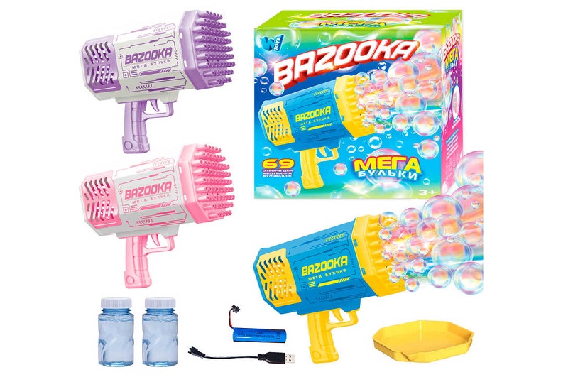 Пістолет з мильними бульбашками 57737 (24) WToys", 3 кольори, 69 отворів, світло, автоматичний, 2 п"