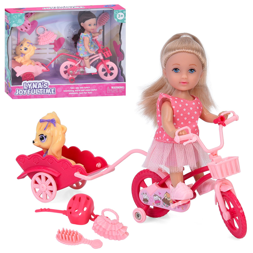 Лялька 3806 (36шт) 11см, шарнірні ноги, велосипед з возиком, собака 5см, аксесуари, 2 види, в кор-ці