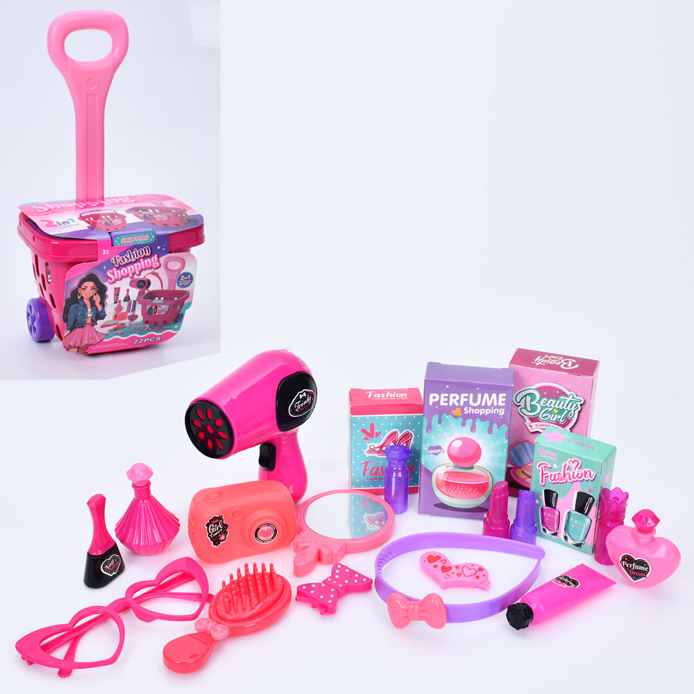 Набір аксесуарів MS-3321 (32шт) візок/корзина (супермаркет), набір перукаря, фен, флакони, окуляри,