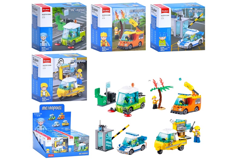 Конструктор SLUBAN M38-B1328 Упак8шт(128шт) міська серія, машина/спецтех, від 73дет,в кор-ці,(4вид