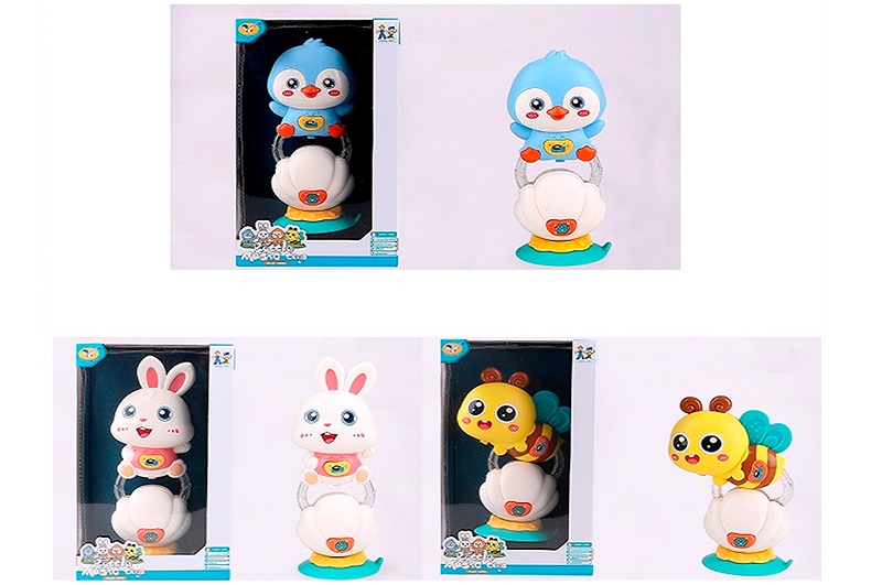 Брязкальце 855-207A-208A-210A (48шт) на присосці, 20см, музика, світло, 3види(пінгвин, зайчик, бджіл