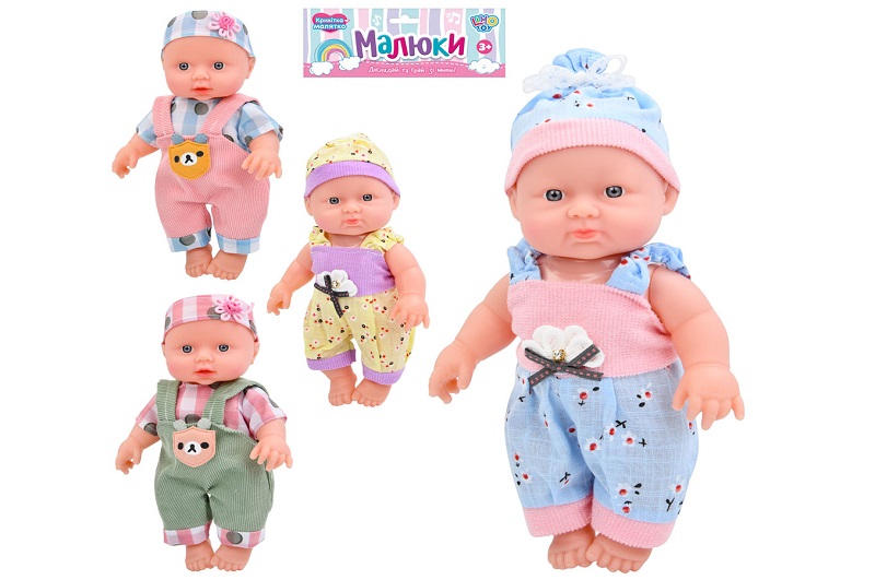 Пупс M201-R-538-W (48шт) 23см, звук, 4 види, бат(табл), у пакеті, 19-34-7см