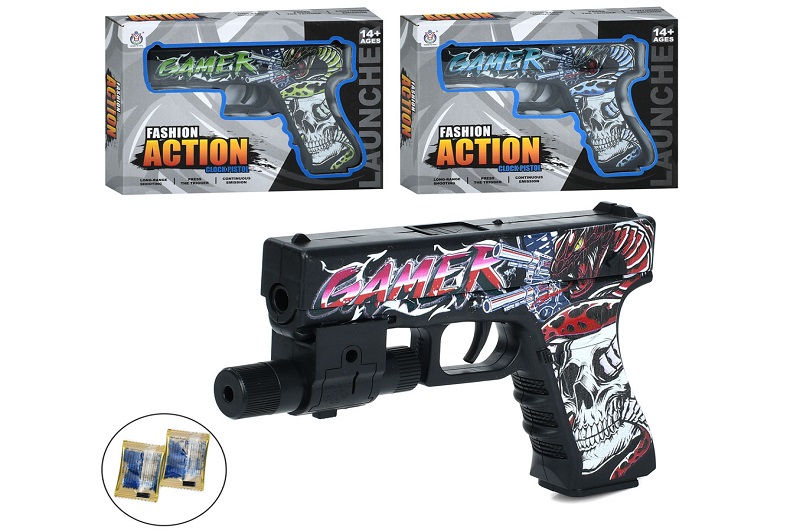 Пістолет HY116WB (72шт) 16см, стріляє водяними кулями, лазер, 3 кольори, бат(табл), в кор-ці, 19-14-