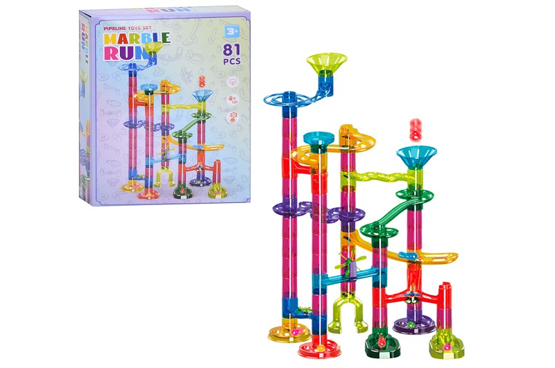 Настiльна гра K35 (36шт) конструктор, труби/трубчатий, лабіринт-горки, кульки, світло, 81дет, бат(та