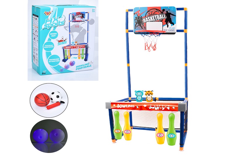 Боулінг MR 1433 (4шт) 2в1(баскетбольне кільце, футбол), ігрова конструкція 61,5-30-в140см (рухлива,