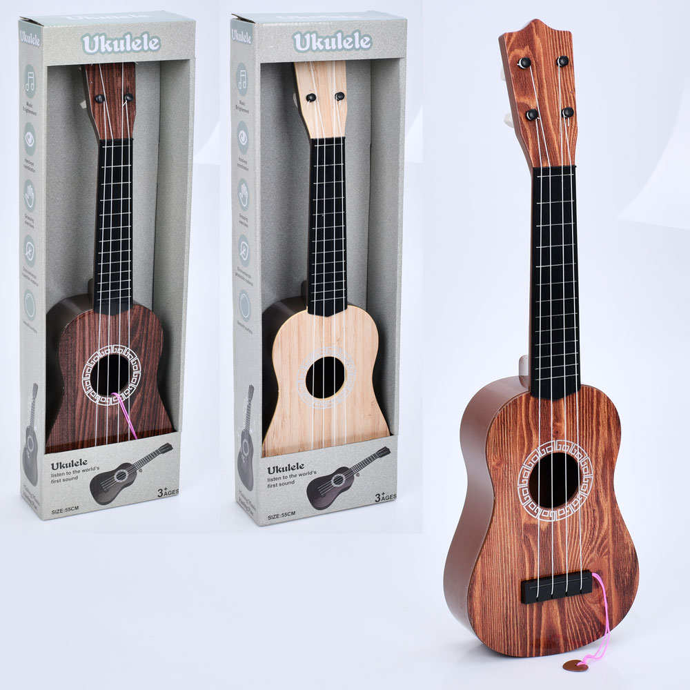 Гітара 620-5-6-7 (36шт) 55см, 4 струни, медіатор, 3 кольори, в кор-ці, 17,5-55-7,5см