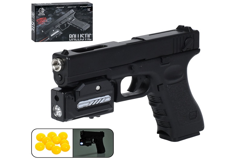 Пістолет Q1B (18шт) 20см, пластикові кулі, світло, лазер, на бат(табл), в кор-ці, 24-16,5-4см