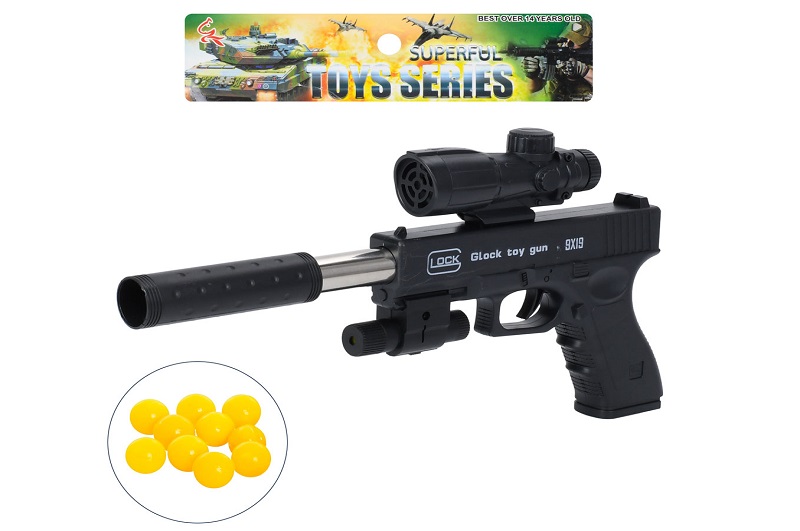 Пістолет 03-1+ (48шт) 32см, пластикові кулі, лазер, на бат(табл), у пакеті, 15-23-3см
