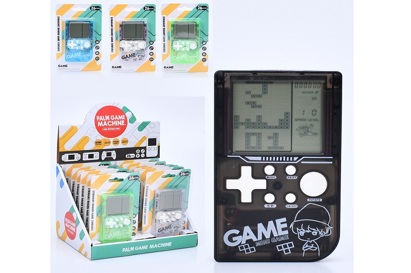 Тетрiс LZ8902-1 Упак12шт(72шт) 10-6-2см, на листі, 26в1,ч/б екран, звук,музика,на бат-ці,  (4кольори