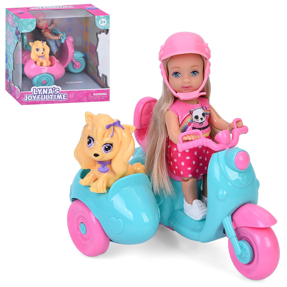 Лялька 3808 (30шт) 11см, шарнірні ноги, мотоцикл 14см, собака 5см, 2 види, в кор-ці, 16-17-10,5см