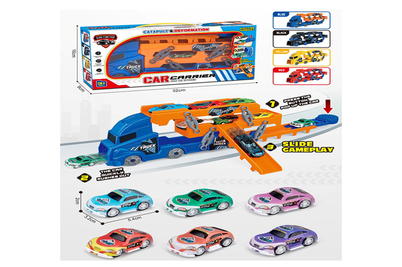 Трейлер XLH-09 (30шт) 2в1(трек, на запуску), 29см, машинки 6шт (6,5см, інерц, метал), 4 кольори, в к