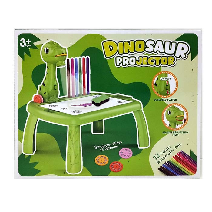 Проектор 222-12 (60шт) динозавр, стіл 29,5-23-в30см, музика, світло, слайди(24картинки), фломастери