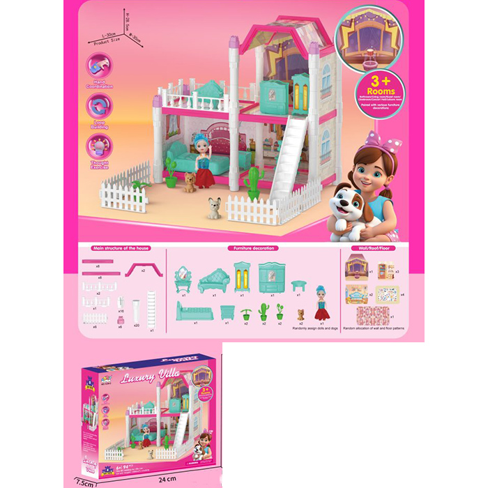 Будиночок 1239-2 (36шт) 30-30-в28,5см, 2 поверхи, меблі, лялька 10см, собачка 2шт, 103дет, в кор-ці,