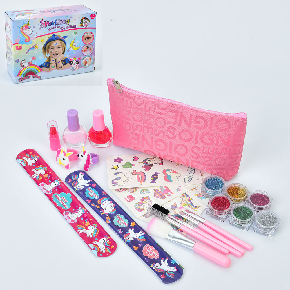 Косметика L5282 (36шт) пензлики, лак 2шт, помада, блиск, каблучки, косметичка 19-11см, наліпки, зажи