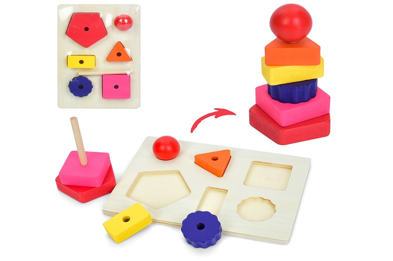 Дерев'яна іграшка Пiрамiдка MD 1384 (40шт) 2в1(рамка-вкладиш), ігрове поле 18-13см, фігури 6шт, у па