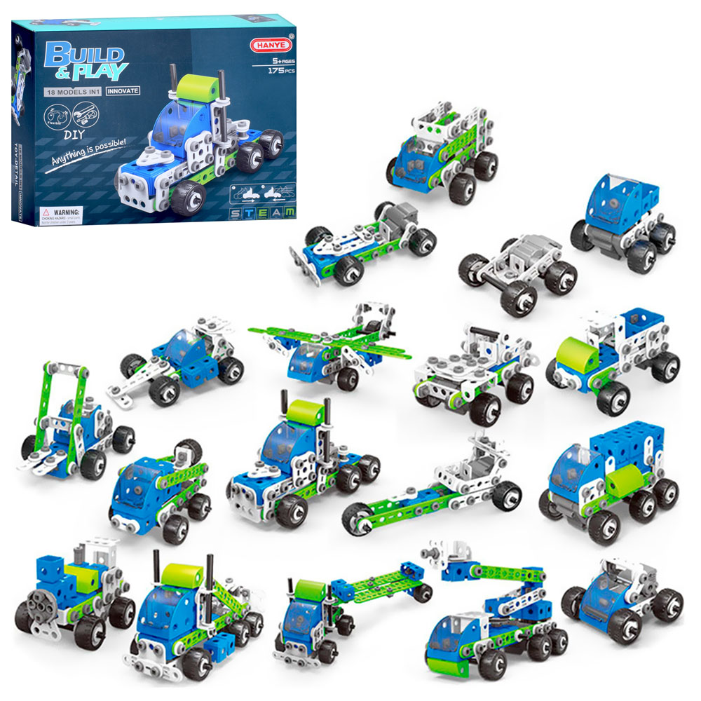 Конструктор J-7761 (18шт) на шурупах, транспорт, 175дет, чемодан, в кор-ці, 32-24-8см