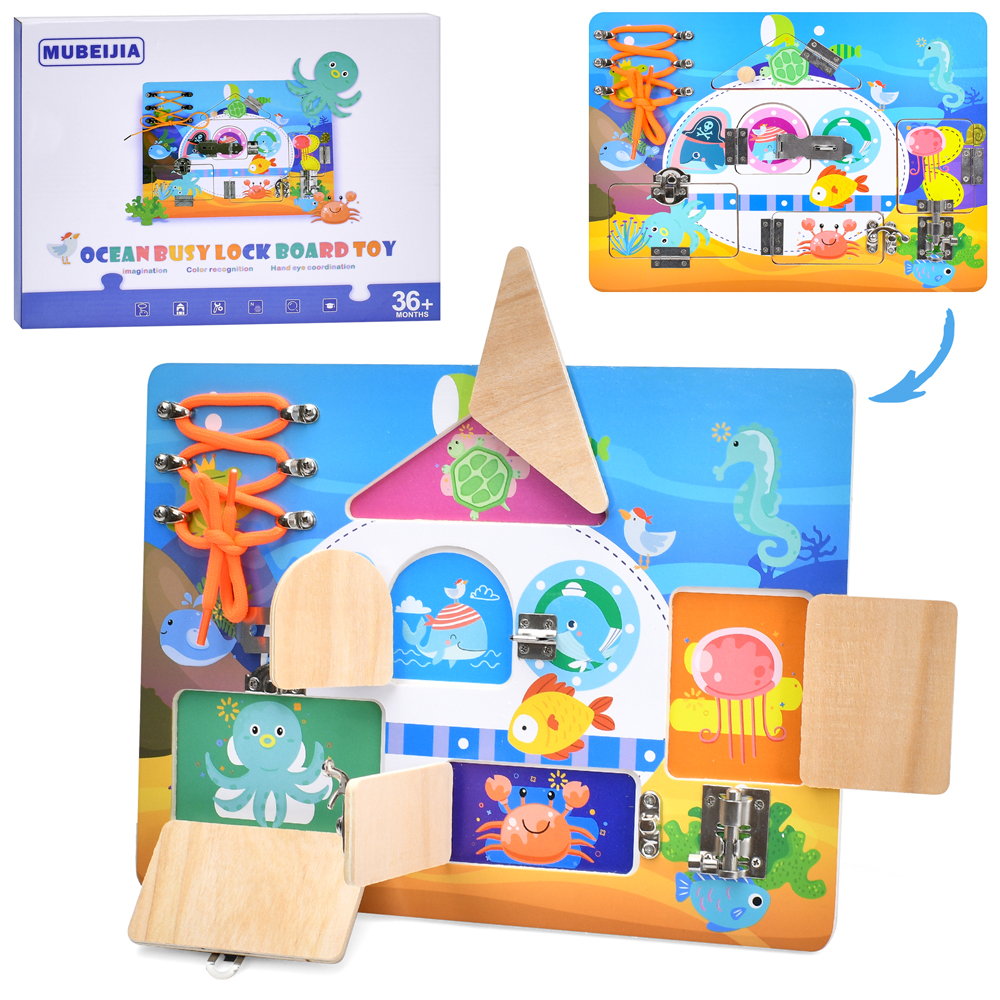 Дерев'яна іграшка Бізіборд MD 0888 (20шт) 30-22,5см, шнурівка, відчиняються двері, засуви, в кор-ці,