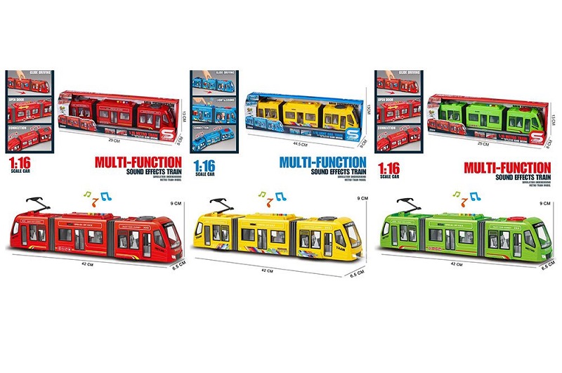 Трамвай JS164A-4C-4 (18шт) інерція, 41см, 1:16, відчиняються двері, звук, світло, 3 види, на бат(таб