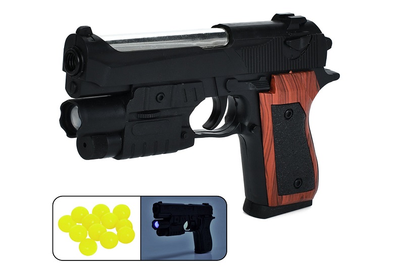 Пістолет P2117-G+ (72шт) 18см, пластикові кулі, лазер, світло, на бат(табл), у пакеті, 15-21-3,5см