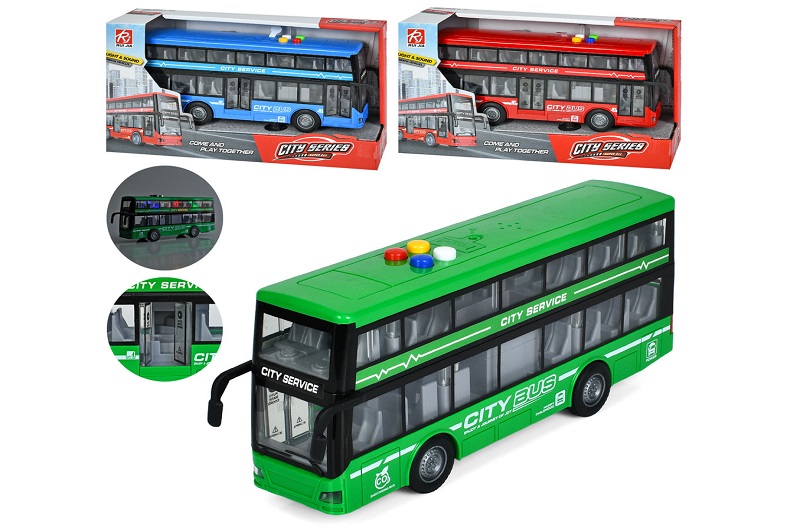 Автобус RJ5504 (12шт) інерція, двоповерховий, 28см, 1:16, звук, світло, відчиняються двері, гумові к