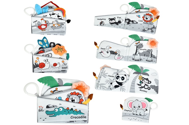 Книжка  HB 0106 ABC (45шт) 18-18-3см, підвіска на ліжко/на коляску 26см, пискавка, шуршить, 3 види,