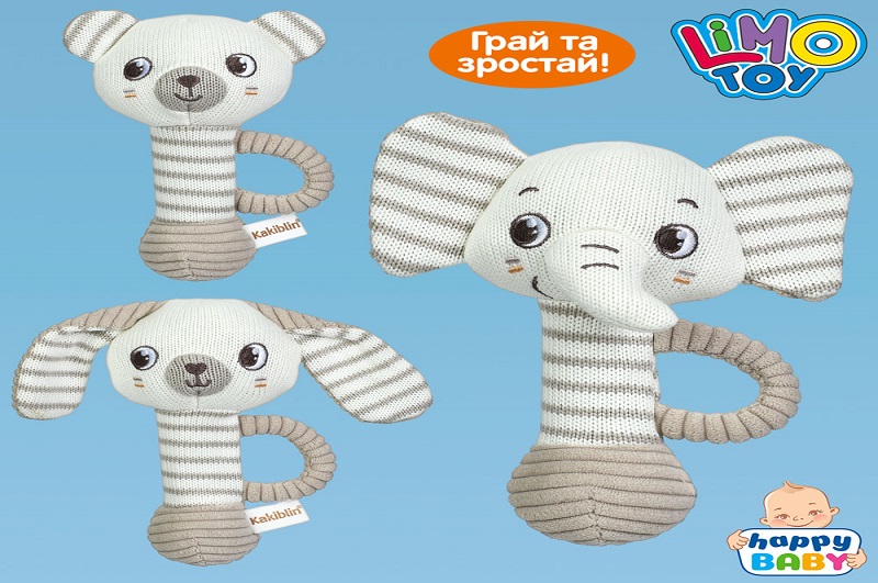 Брязкальце м'яке HB 0097 ABC (36шт) тварина, 17см, пискавка, шуршить, 3 види (слон,ведмідь, заєць),