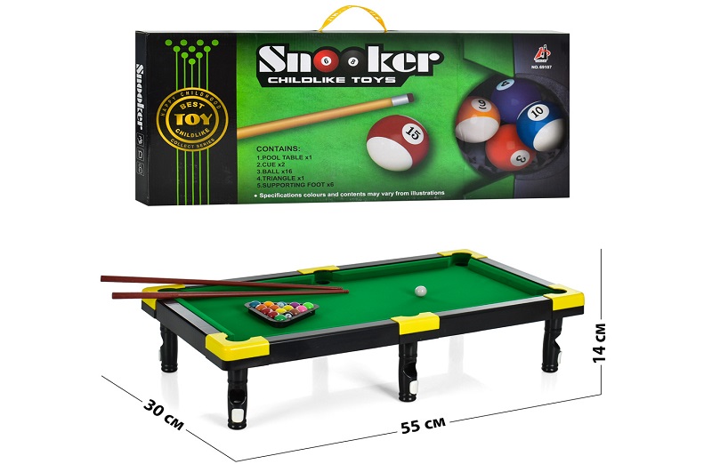 Більярд 69107 (18шт) на ніжках, 55-30-14см, кий 2шт, кулі, в кор-ці, 67,5-30,5-4см