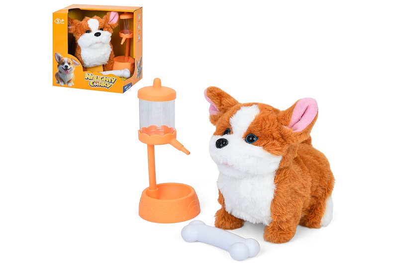 Собака 933-211E (24шт) 17см, звук, ходить, рухлива голова, аксесуари, на бат-ці, в кор-ці, 19-22-15с