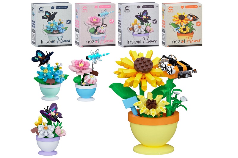 Конструктор 7337-40 (144шт) квіти у горщику, комаха, від 242дет, 4 види, в кор-ці, 9-12-4,5см