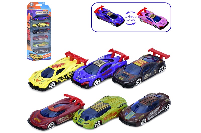 Машина 1021-20 (24шт) метал, набір 6шт, 8см, міняє колір, в кор-ці, 12-30-4см