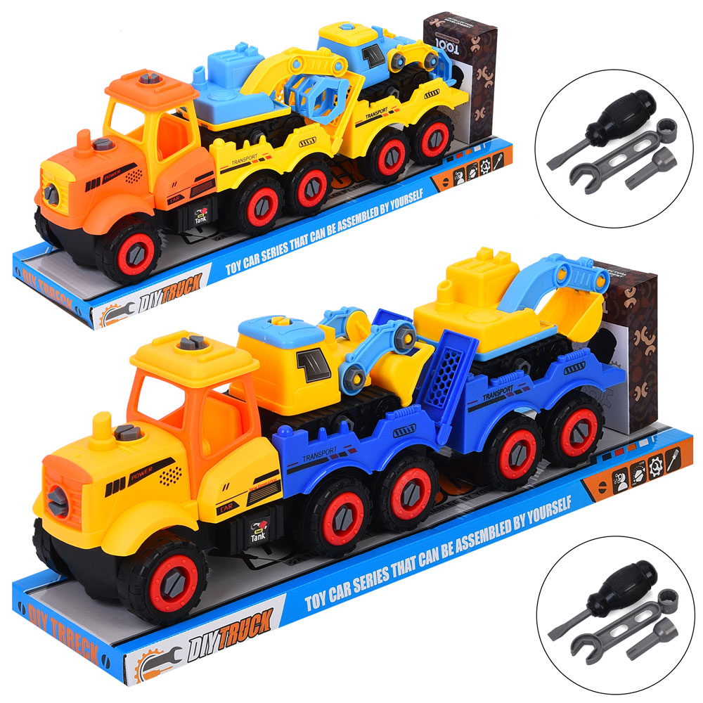 Конструктор 906-337 (36шт) на шурупах, трейлер з причепом, 33см, будтехніка 12,5см 2шт, рухливі дета