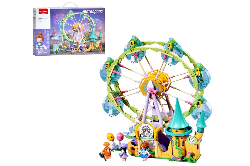 Конструктор SLUBAN M38-B1286 (12шт) рожева серія, парк розваг, замок, колесо огляду, фігурки, 504дет