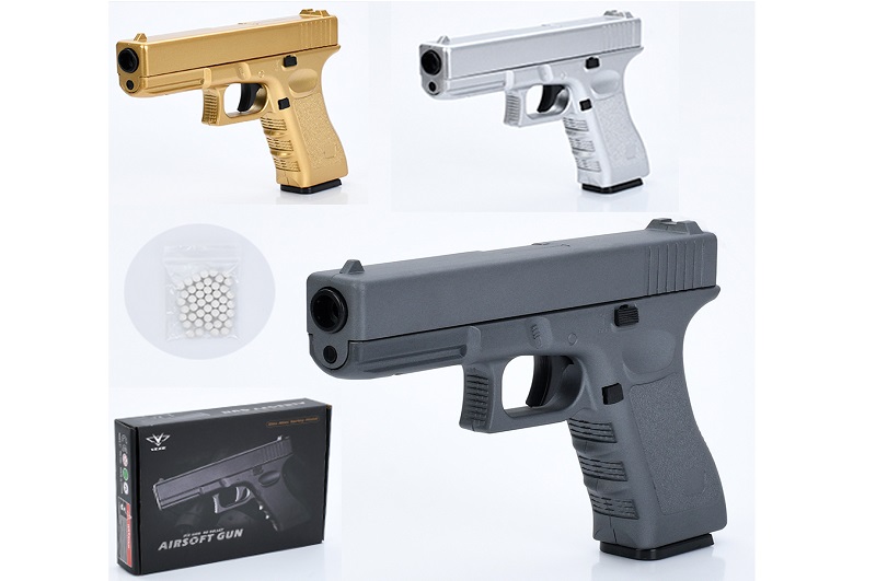 Пістолет V20 (18шт) 20см, пластикові кулі, метал+пластик, мікс кольорів, 1ящик-1колір, в кор-ці, 23-