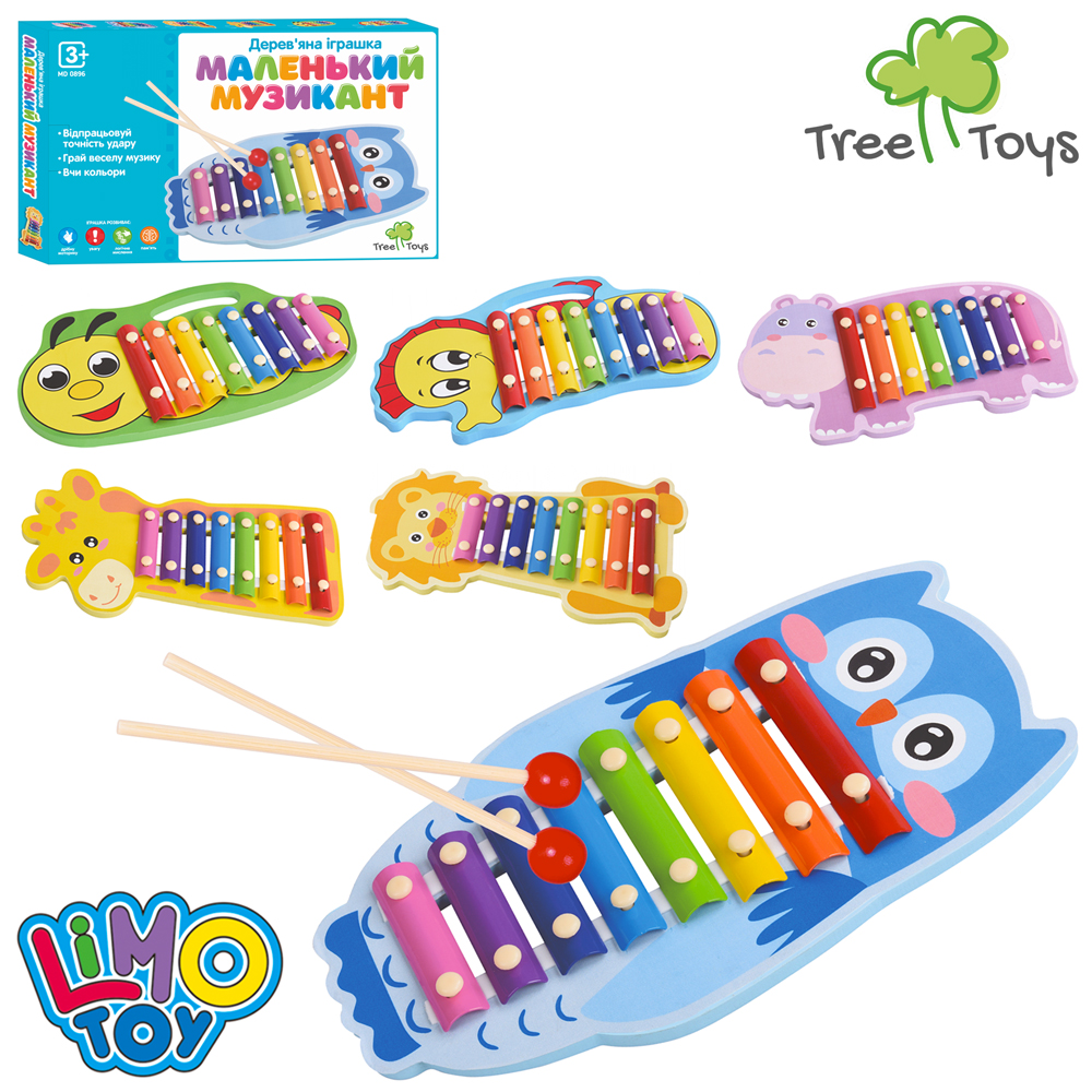 Дерев'яна іграшка Ксилофон MD 0896 (20шт) Маленький музикант, 33-17,5см, 8 тонів, 2 палички, 6 видів