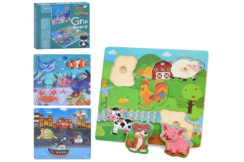 Дерев'яна іграшка Рамка-вкладиш MD 0153 (60шт) з ручкою, 5 фігур, ігрове поле 15-15см, 3 види, у кор