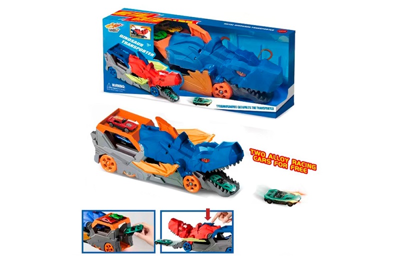 Трейлер LA-389B (18шт) корпус динозавр, 34,5см, трек с запуском, машинка 7см 2шт (метал), в кор-ці,