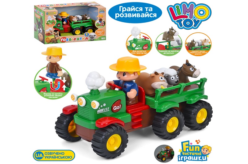 Трактор M 6303 (12шт) з причепом, 25,5см, музика/звук (укр), світло, їздить, знімна фігурка фермера