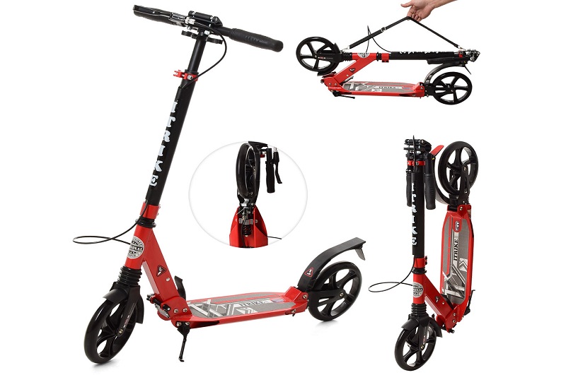 Самокат SR 2-018-9-R (1шт) доросл.,алюм.,кол.2шт.ПУ200мм.,кермо77-100см,ручне гальмо,замок,червоний,